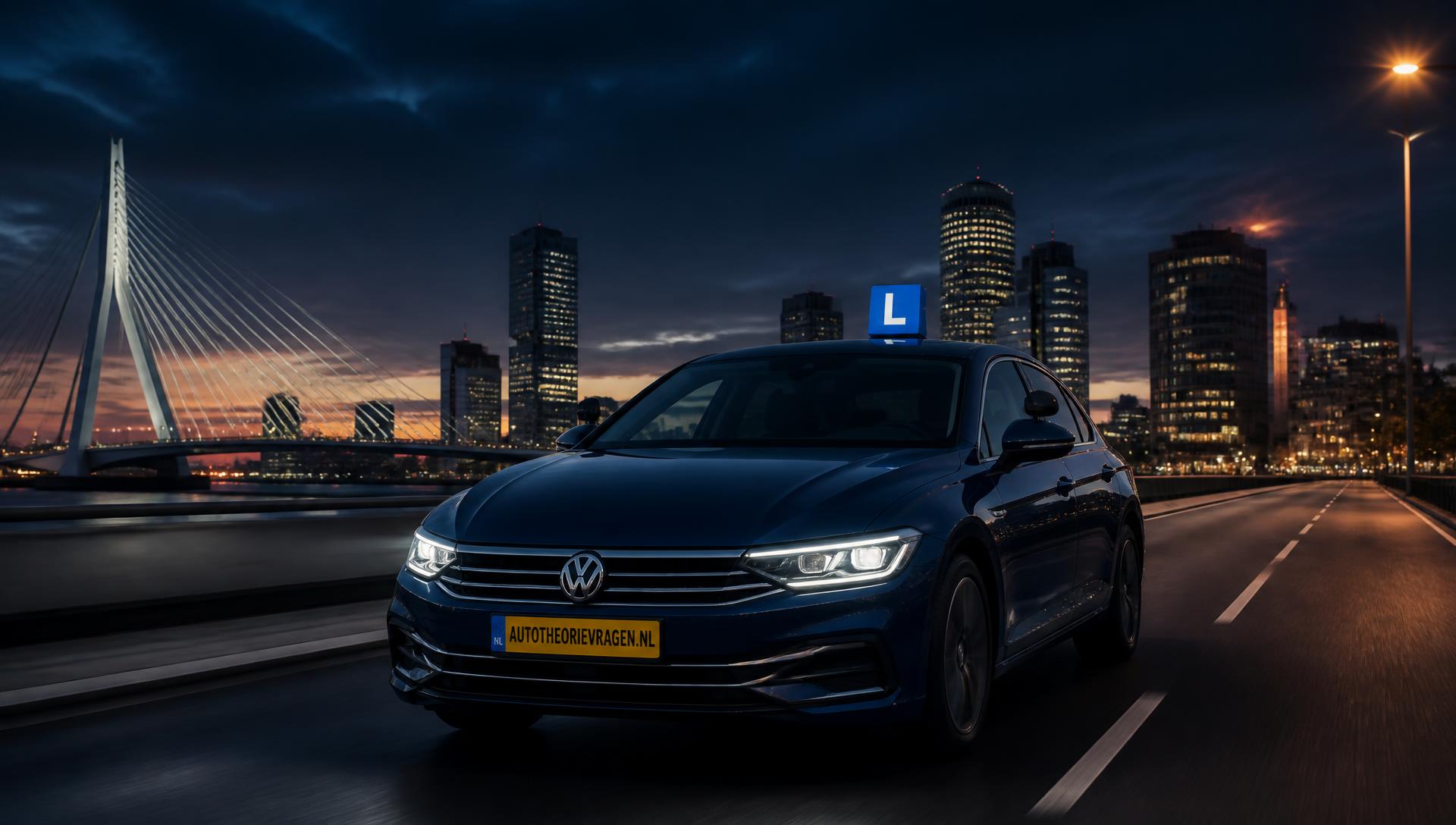 Donkere auto met L-bord rijdt door Rotterdam bij schemering